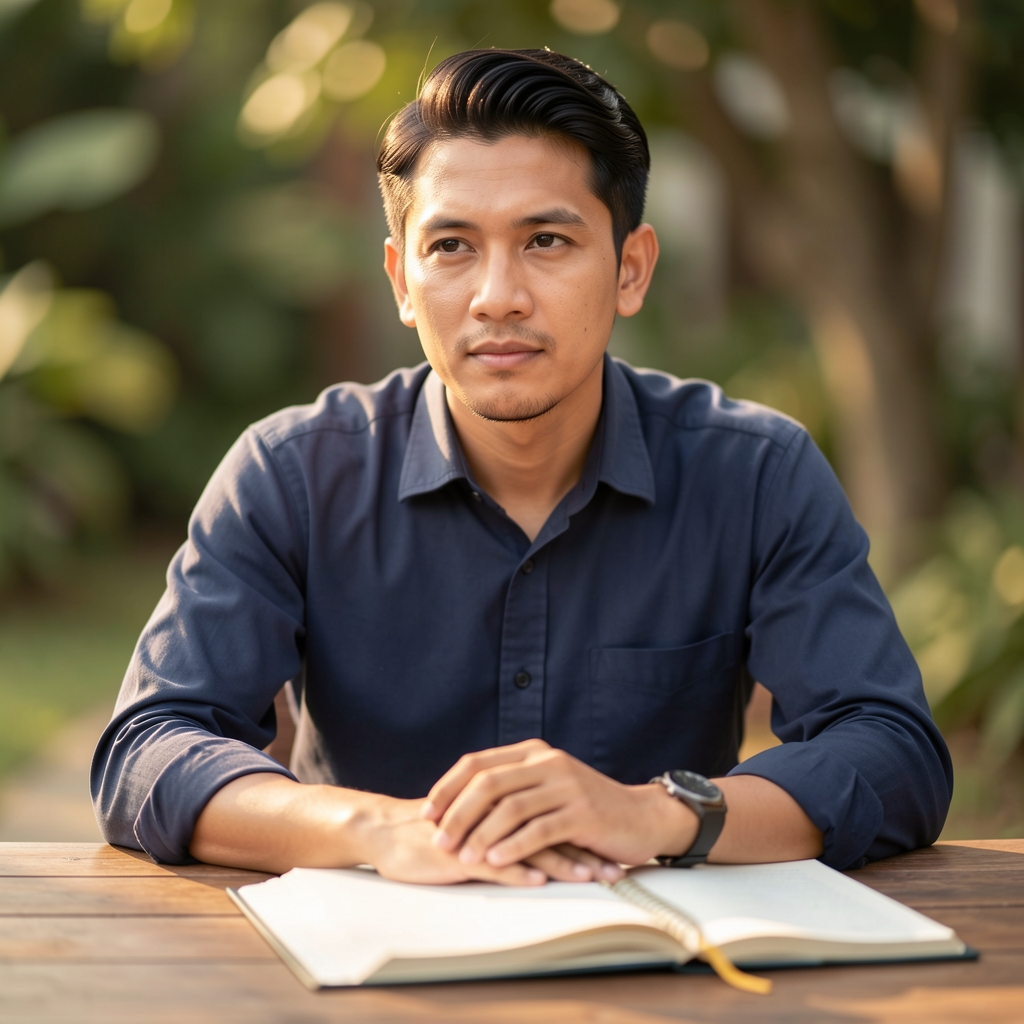 Male editorial portrait of a Jakarta-based nutritional writer, warm natural light, thoughtful expression, seated at a wooden desk with an open journal