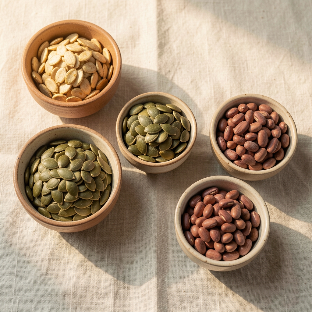 Zinc-rich seeds, pumpkin seeds, and legumes arranged in small ceramic bowls on a pale linen surface, editorial overhead composition, warm morning light