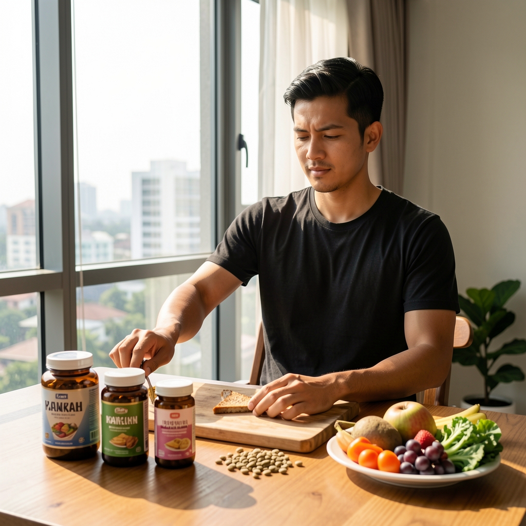 Active man preparing his morning nutrition routine, natural daylight streaming through a Jakarta apartment window, supplement containers and whole foods arranged on a wooden table